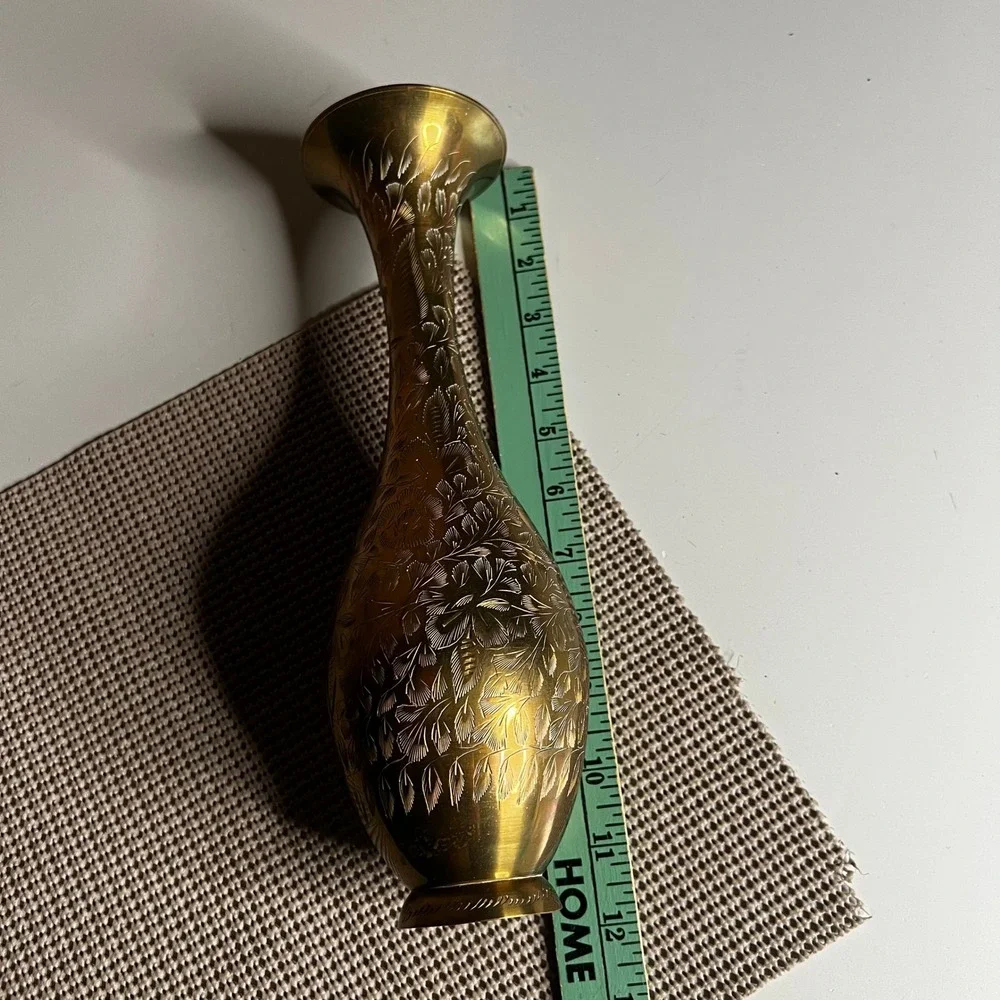 Vintage Etched Brass Bud Vase Hand Crafted Floral Pattern Made in India 8.5 Inch